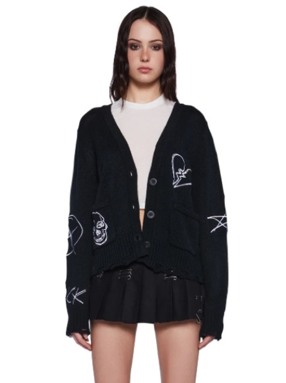 Dolls Kill Current Mood Black NO HEARTBREAK Knit Cardigan Punk Embroidery Large